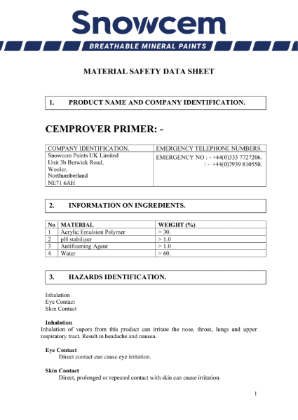 Cemprover Primer MSDS document