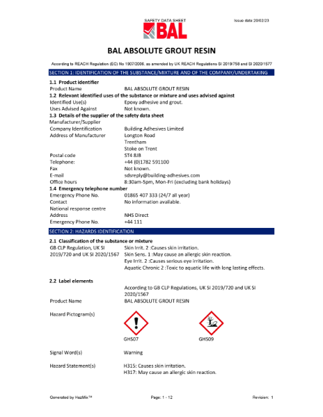 BAL Absolute Grout Resin Material Safety Datasheet