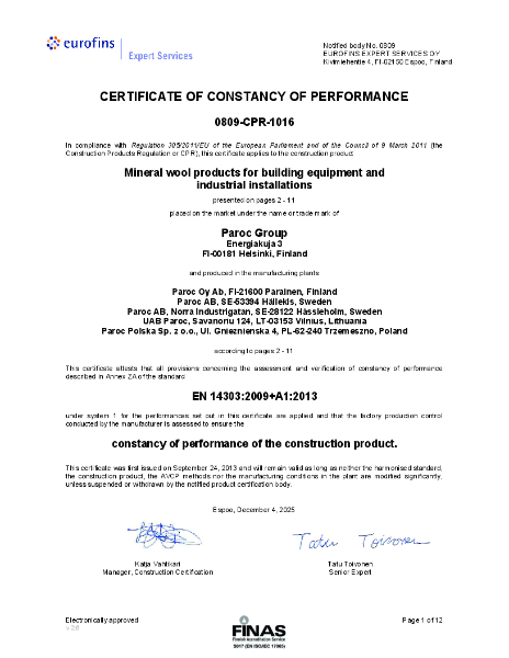 Paroc Certificate of Constancy of Performance 