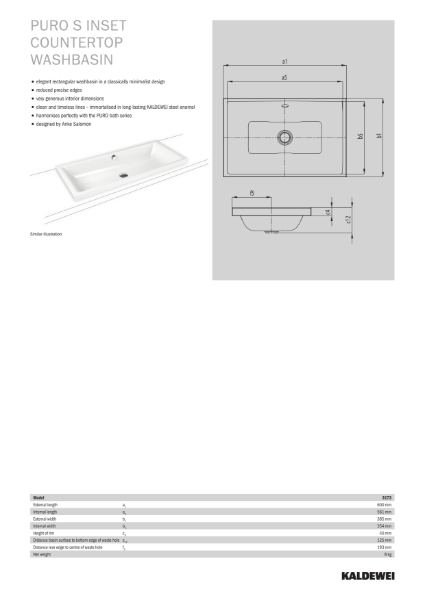 PURO S Countertop Washbasin Datasheet