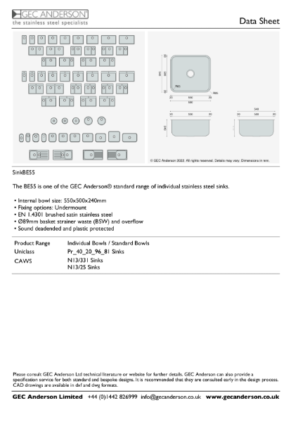 GEC Anderson Data Sheet - Sink Bowl: BE55