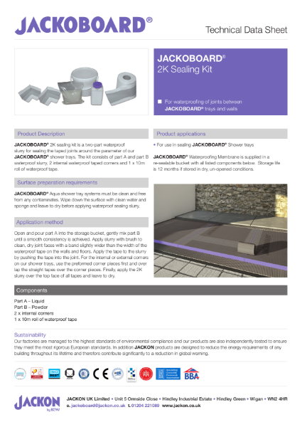 JACKOBOARD® 2K Sealing Kit For All JACKOBOARD® Shower Trays Technical Data Sheet