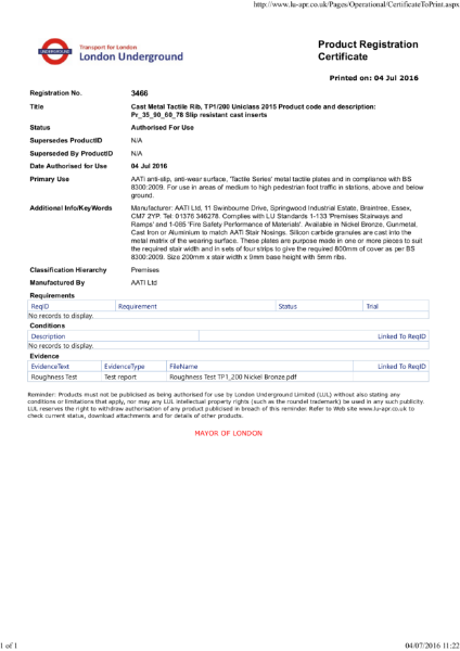 AATi certificate for AATi Anti-slip Corduroy / Tacile Plate ref: TP1/200