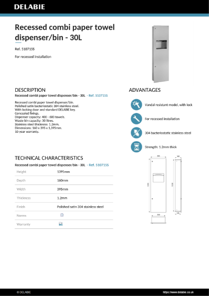 Recessed combi paper towel dispenser/bin - 30L
Ref. 510715S Product Data Sheet