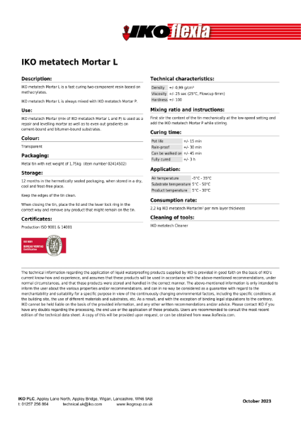 Technical Data Sheet (TDS) - IKO metatech Mortar L