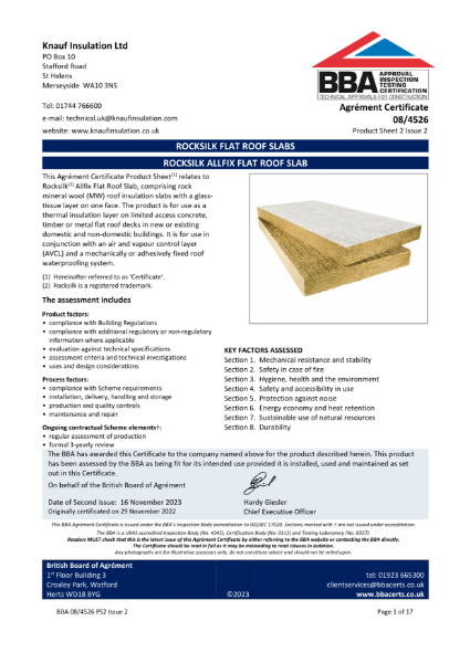 Knauf Insulation Rocksilk® AllFix Flat Roof Slab - BBA Certificate 08/4526