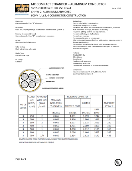 MC XHHW-2 Large Size 250 to 750 aluminum 600 Volts