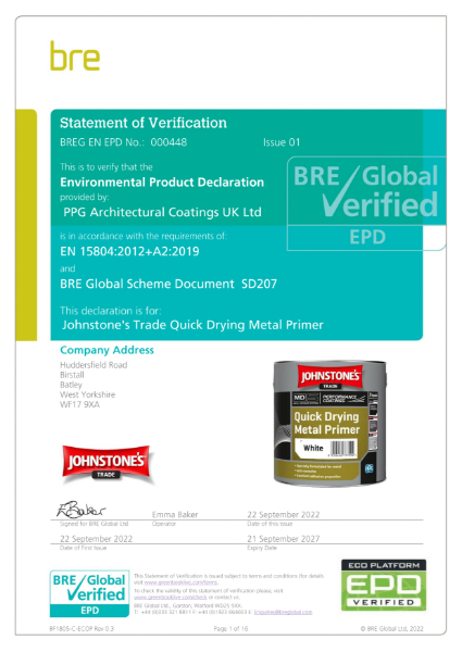 Environmental Product Declaration (EPD) BREG EN EPD No: 000448 Johnstone's Trade Quick Dry Metal Primer