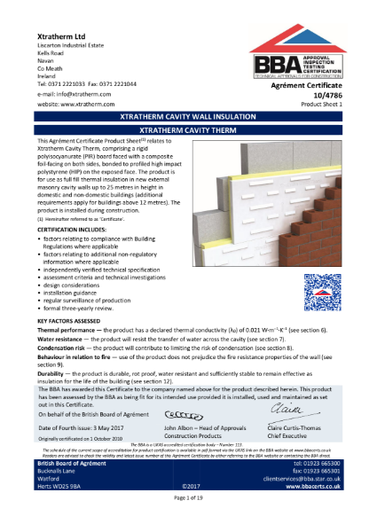10/4786 Xtratherm Cavity Therm (Product Sheet 1)