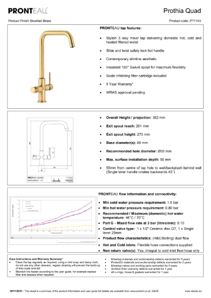 PT1143 Prothia Quad Spout (Brushed Brass), 3 IN 1 Steaming Hot Water Tap