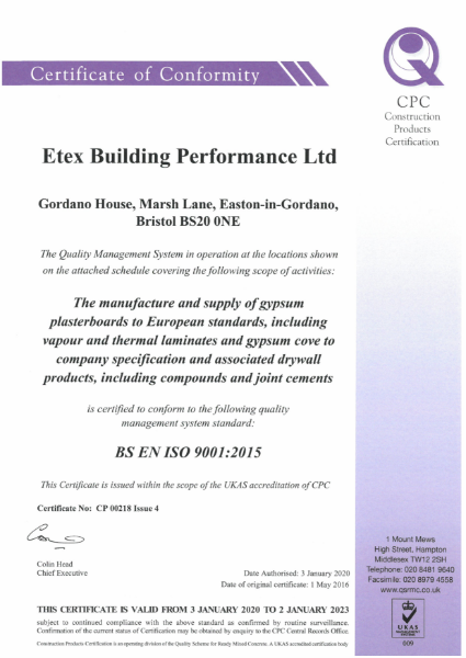 Etex Siniat Certificate of Conformity quality management system BS EN ISO 9001