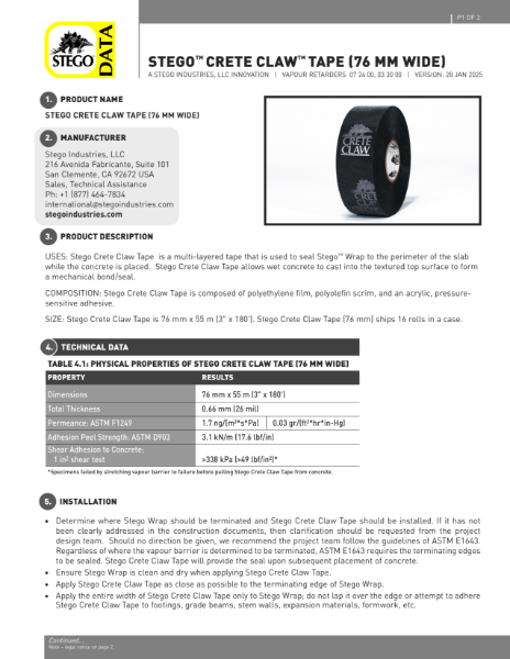 Stego Crete Claw Tape 76mm Data Sheet