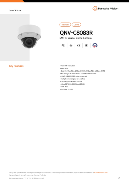 CCTV camera 5MP IR AI Vandal Dome (QNV-C8083R) data sheet