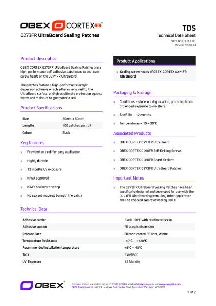 OBEX CORTEX 0273FR UltraBoard Sealing Patches TDS