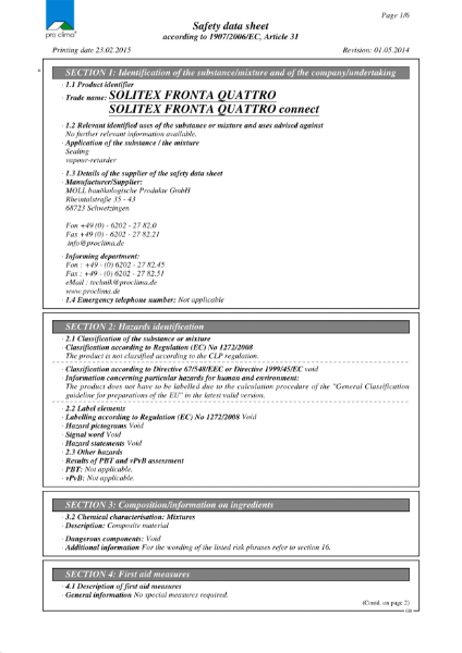 Solitex Fronta Quattro Material Safety Datasheet