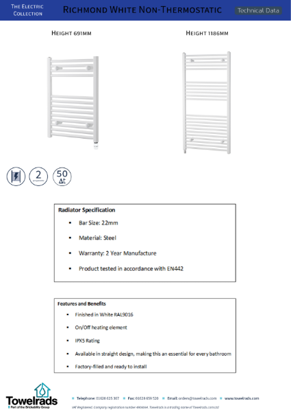 Towelrads Richmond Electric Towel Rail Non Thermostatic White