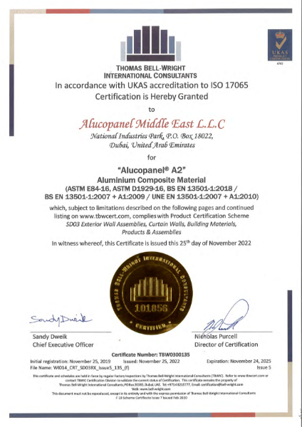 Reaction to Fire  Test Euroclass A2 ACM cladding material 