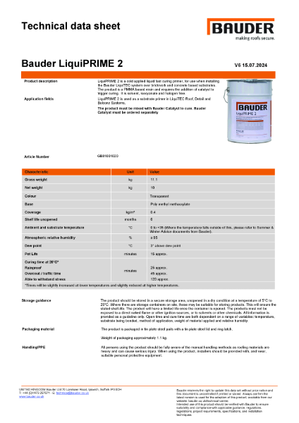 Bauder LiquiPRIME 2 - Technical Data Sheet