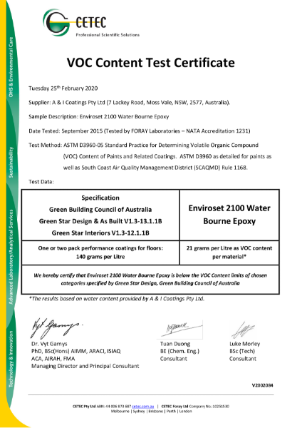 Enviroset 2100 VOC Content Test Certificate
