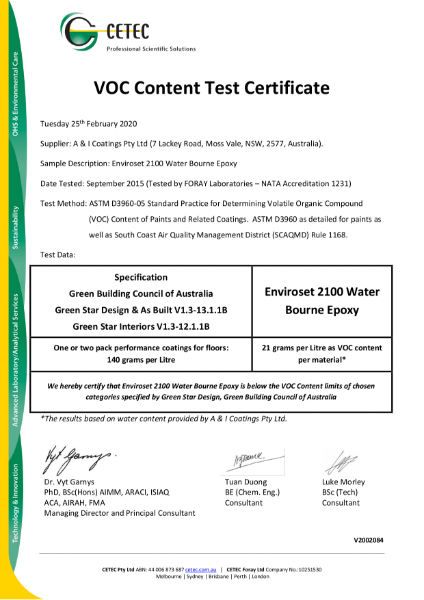 VOC Content Test Certificate