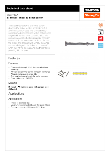 SSBFHSD: Bi-Metal (A4/Carbon Steel) Timber to Steel Screw Techncial Data Sheet