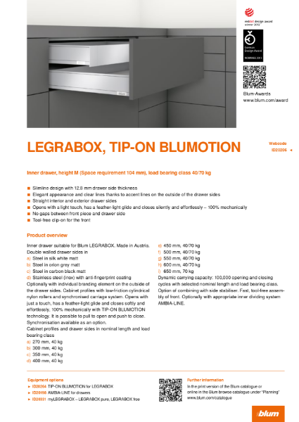 LEGRABOX TIP-ON BLUMOTION M Height Inner Drawer Specification Text