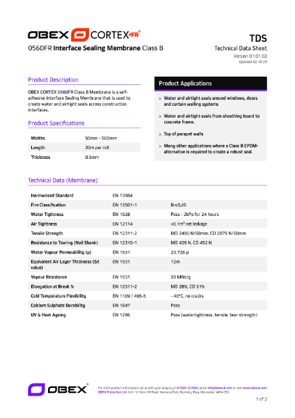 OBEX CORTEX 0560FR Self-Adhesive Interface Sealing Membrane TDS