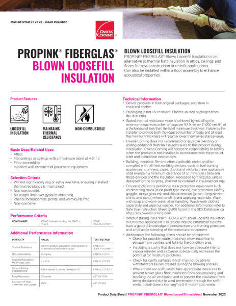 ProPink Fiberglas Blown Insulation Data Sheet
