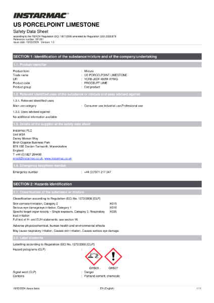 porcelpoint limestone Safety Datasheet