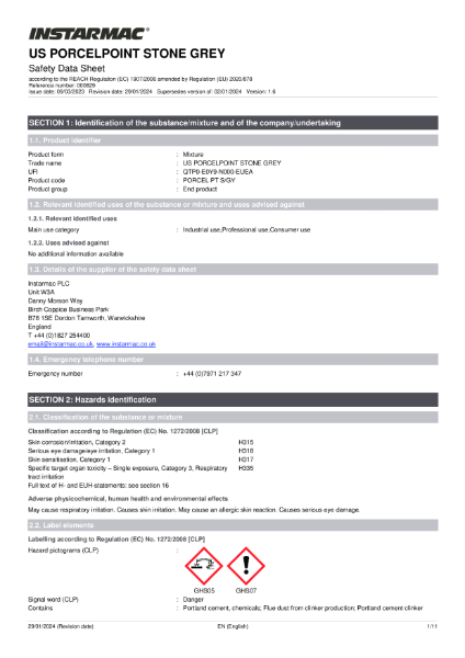 porcelpoint Stone Grey Safety Datasheet