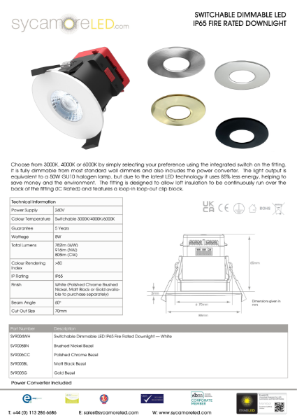 Specification Sheet for Riga Trio Switchable Dimmable IP65 Fire Rated Downlight