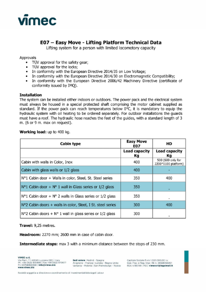 Cabin platform Lift Easy Move by Vimec - Data Sheet