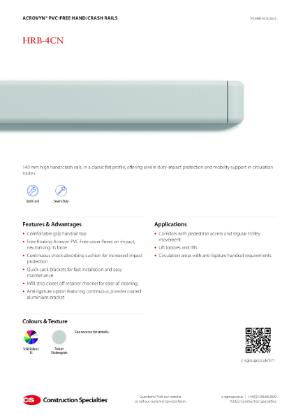 CS Acrovyn PVC-Free HRB-4CN Hand/Crash Rails_Product Sheet (09.23)