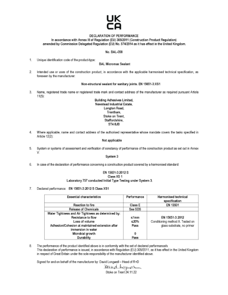 DECLARATION OF PERFORMANCE - BAL Micromax Sealant
