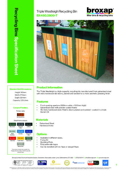 Triple Westleigh Recycling Bin Product Data