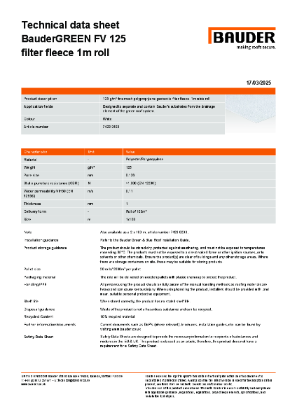BauderGREEN FV 125 Filter Fleece Technical Data Sheet