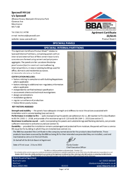 Specwall - BBA Certificate - Internal Partitions