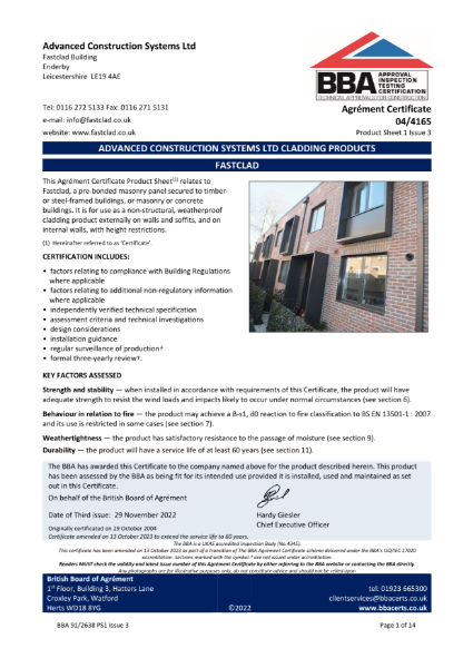 Standard FastClad BBA Certificate