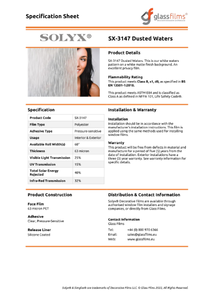 SX-3147 Dusted Waters Specification Sheet