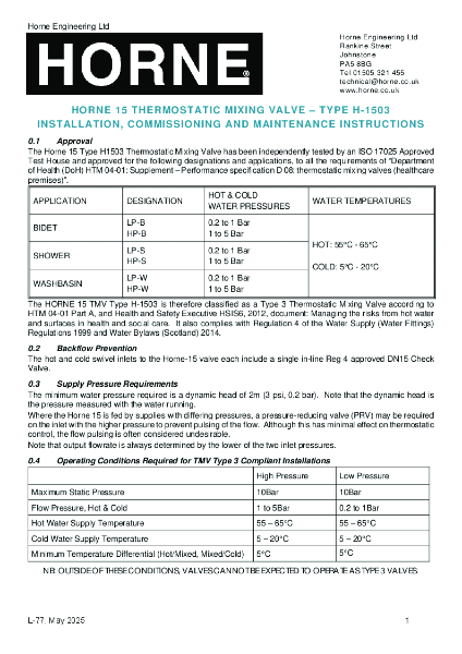 Instructions - Horne 15 Thermostatic Mixing Valve