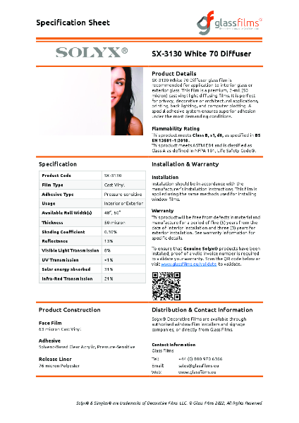 SX-3130 White 70 Diffuser Specification Sheet