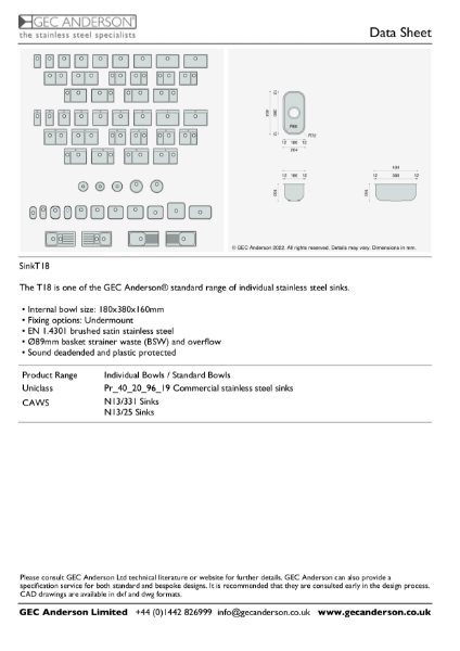 GEC Anderson Data Sheet - Sink Bowl: T18