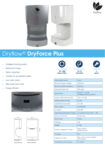 Hand Dryer Spec Sheet - Dryflow DryForce Plus Hand Dryer