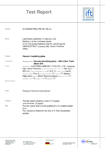IFT U-Value Report - Vacuum Glazing Enhance S70