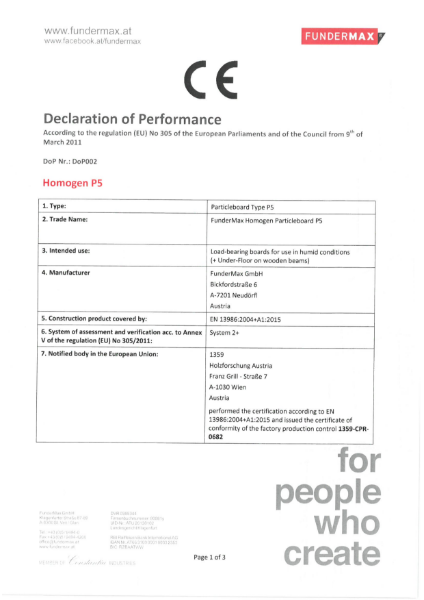 Declaration of Performance Homogen Particleboard P5