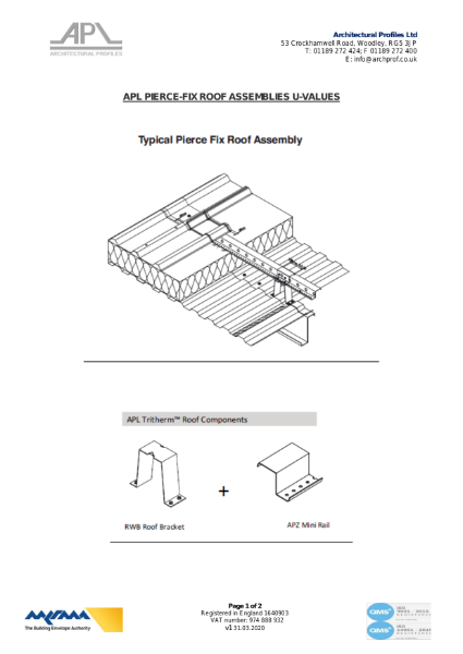 U-Values + Build Up - Roof - Pierce Fix