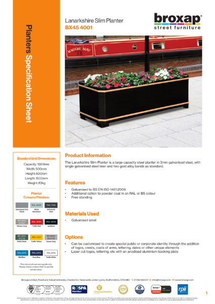 Lanarkshire Slim Planter Specification Sheet