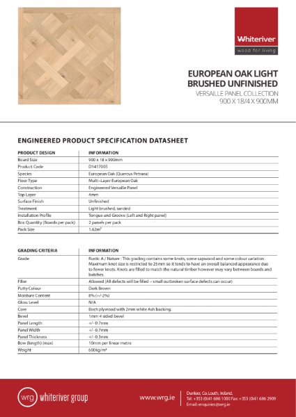 900 x 18 x 900mm Versaille European Oak Light Brushed Unfinished Spec Sheet