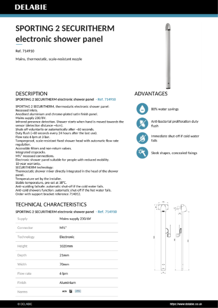 SPORTING 2 SECURITHERM electronic shower panel Data Sheet - 714910