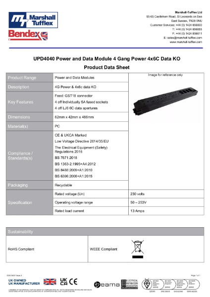 UPD4040 Power and Data Module 4 Gang Power 4x6C Data KO 
Product Data Sheet